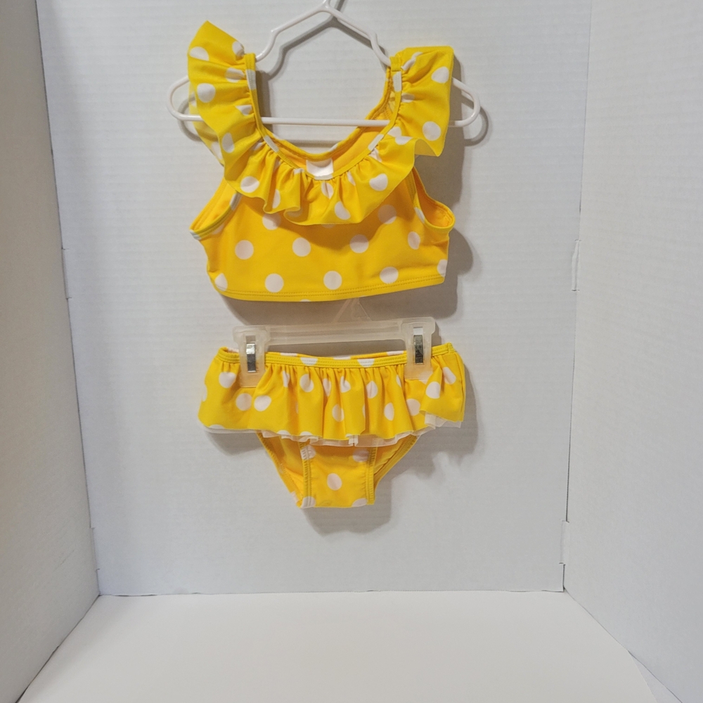Cat & Jack Yellow Polka Dot Bikini Swimsuit Set Girls Size 4T Ruffle Two Piece